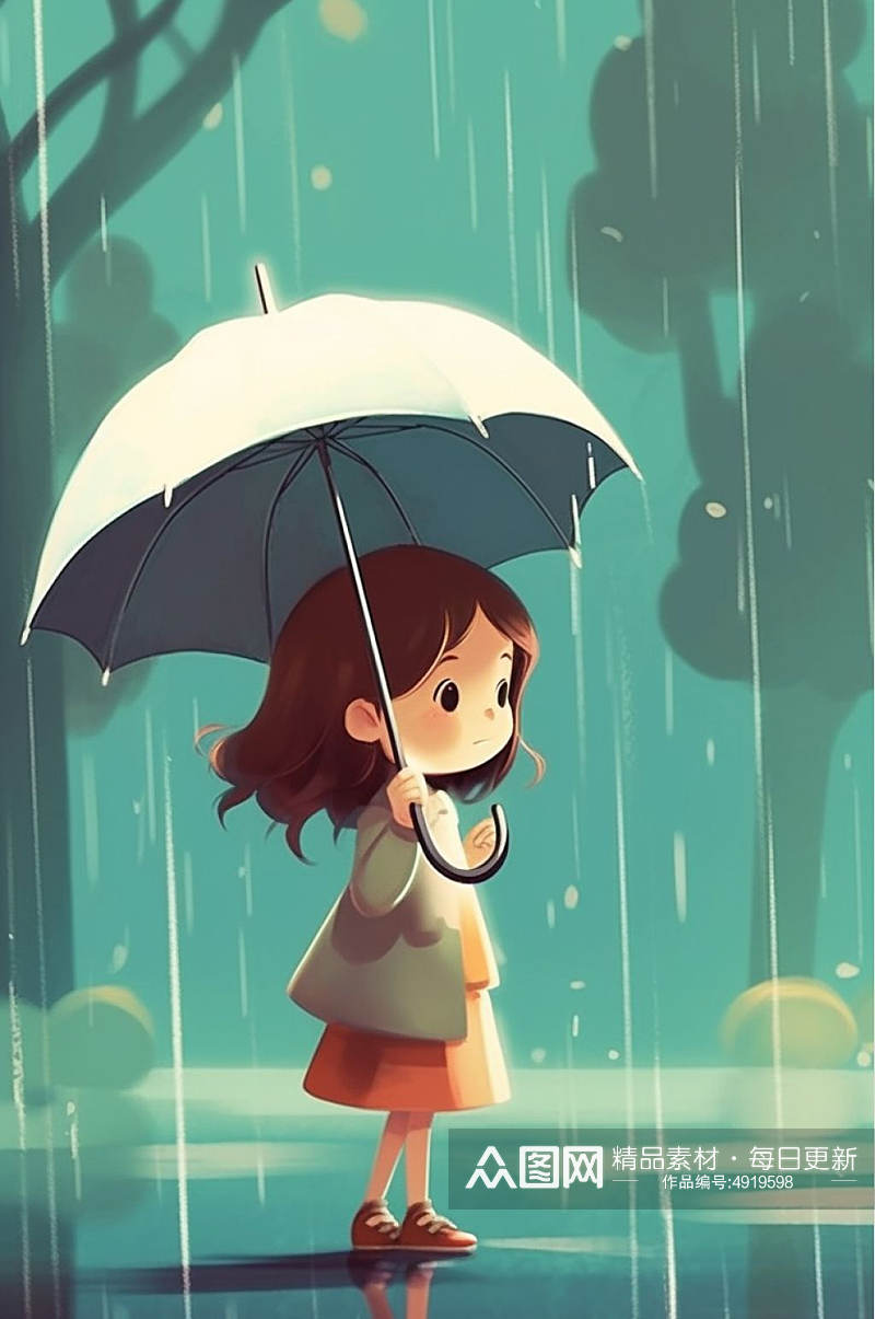 AI数字艺术原创小女孩雨水插画素材