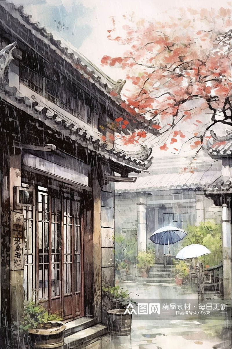 AI数字艺术原创复古房屋雨水插画素材