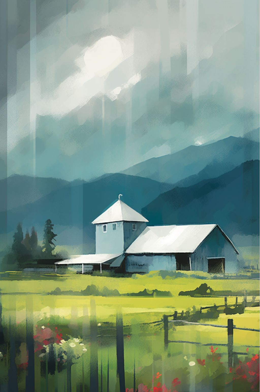 AI数字艺术原创乡村田野雨水插画素材