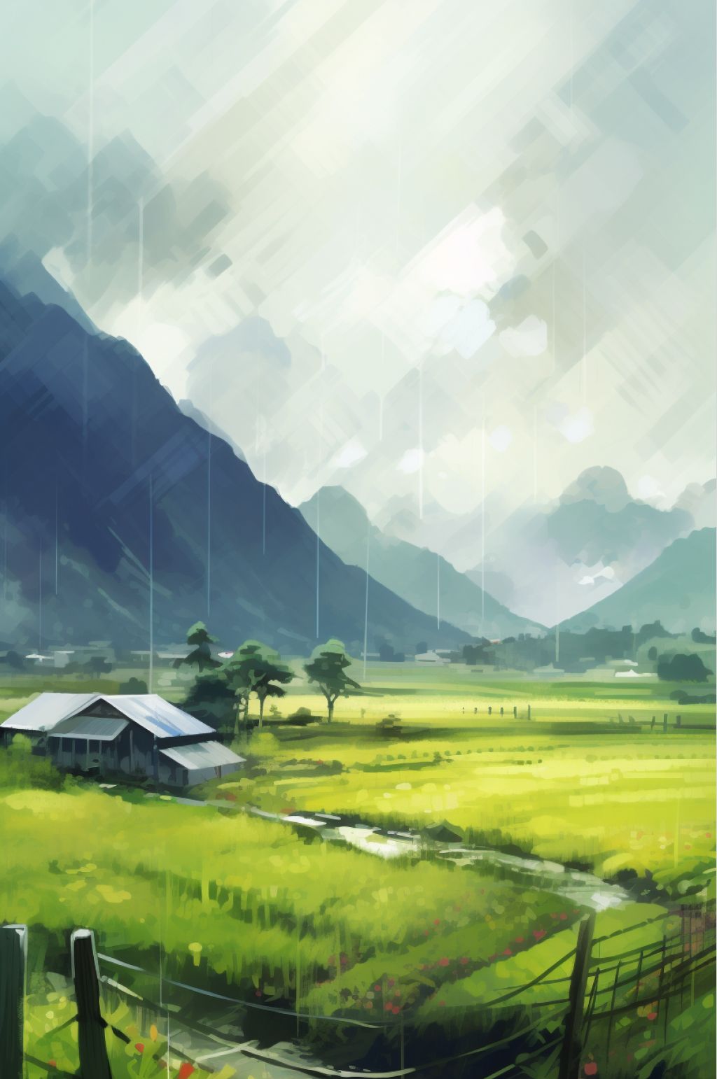 AI数字艺术原创乡村田野雨水插画素材