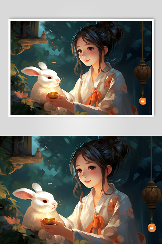 AI数字艺术中国风女孩玉兔中秋节插画