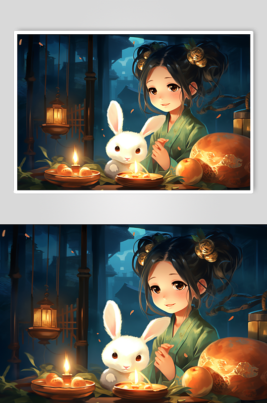AI数字艺术中国风女孩玉兔中秋节插画