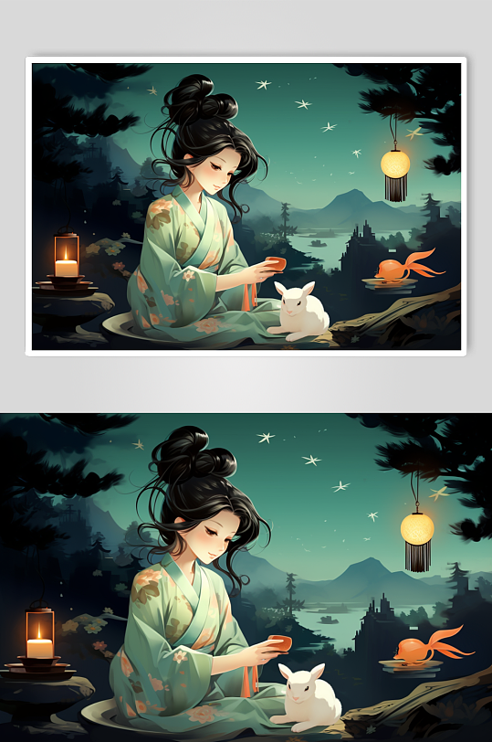 AI数字艺术中国风女孩玉兔中秋节插画