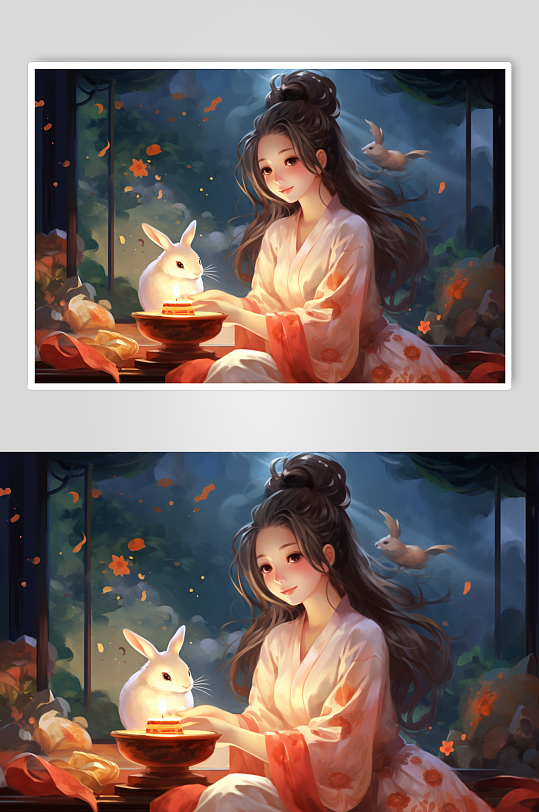 AI数字艺术中国风女孩玉兔中秋节插画