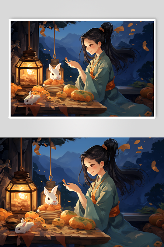 AI数字艺术中国风女孩玉兔中秋节插画