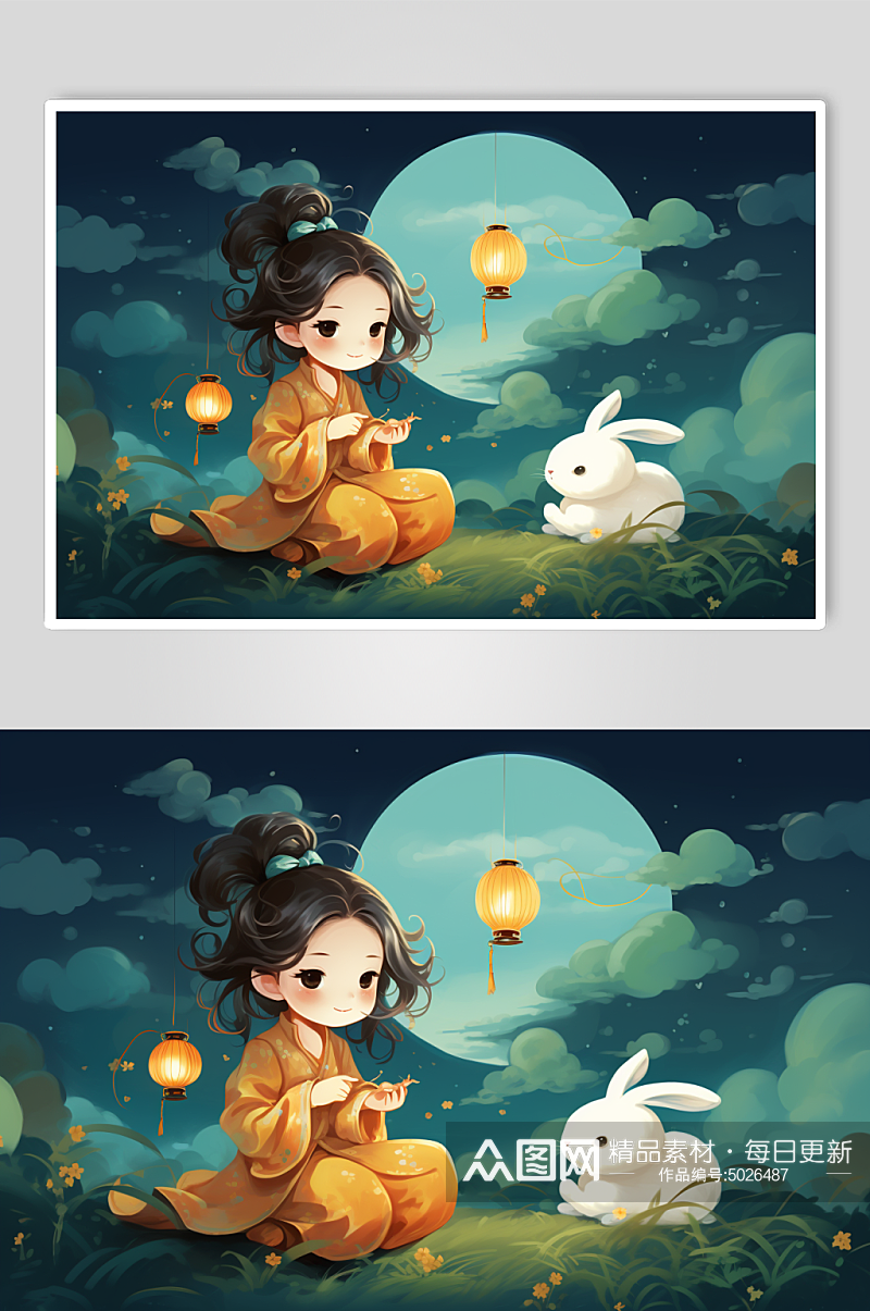 AI数字艺术中国风女孩玉兔中秋节插画素材