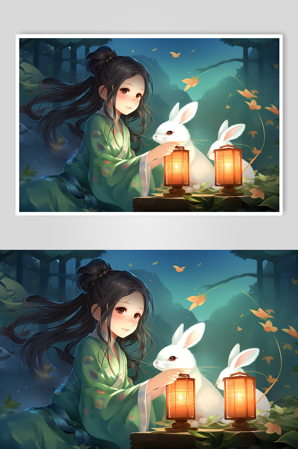 AI数字艺术中国风女孩玉兔中秋节插画素材