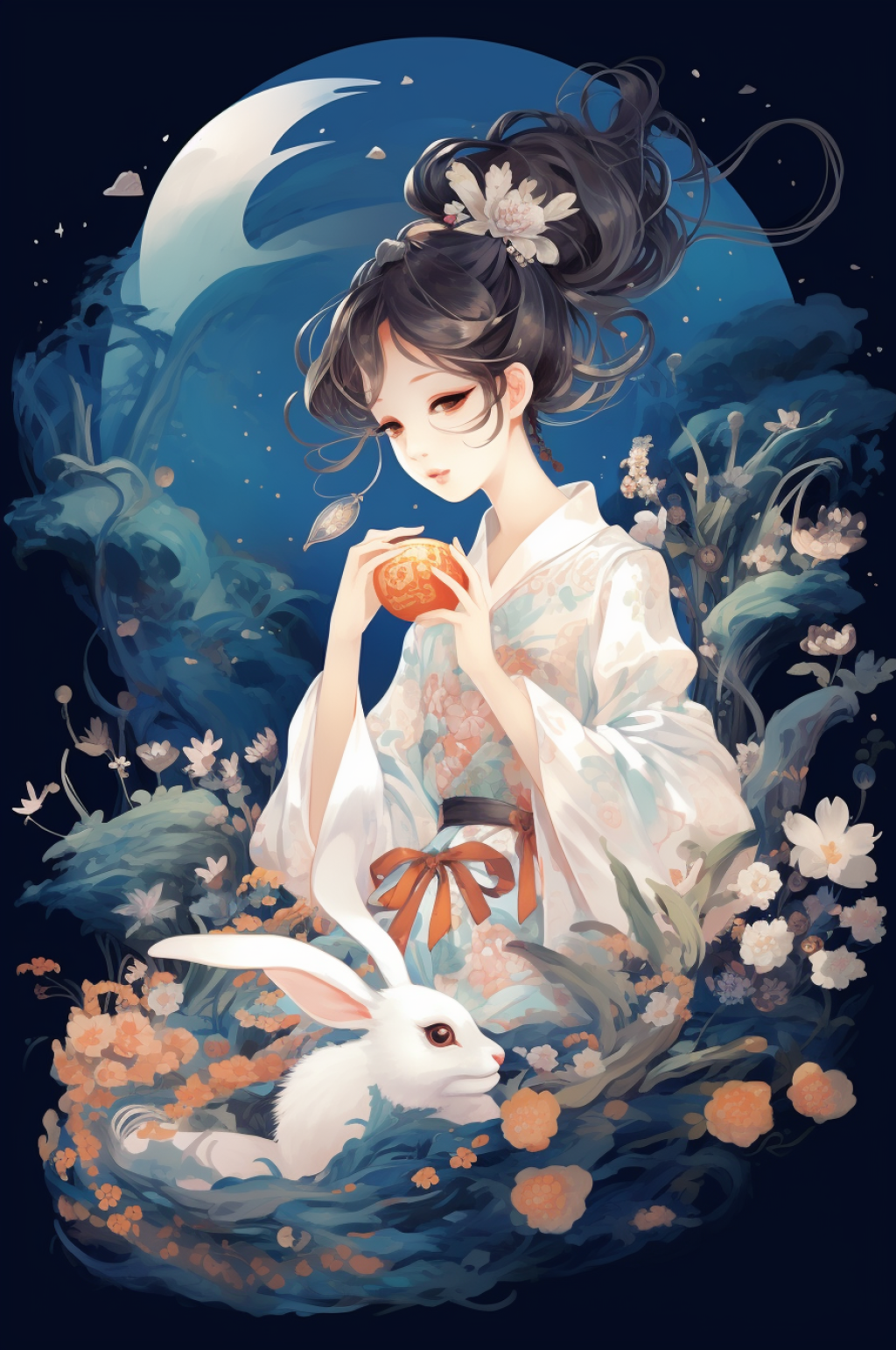 AI数字艺术中国风女孩玉兔中秋节插画素材