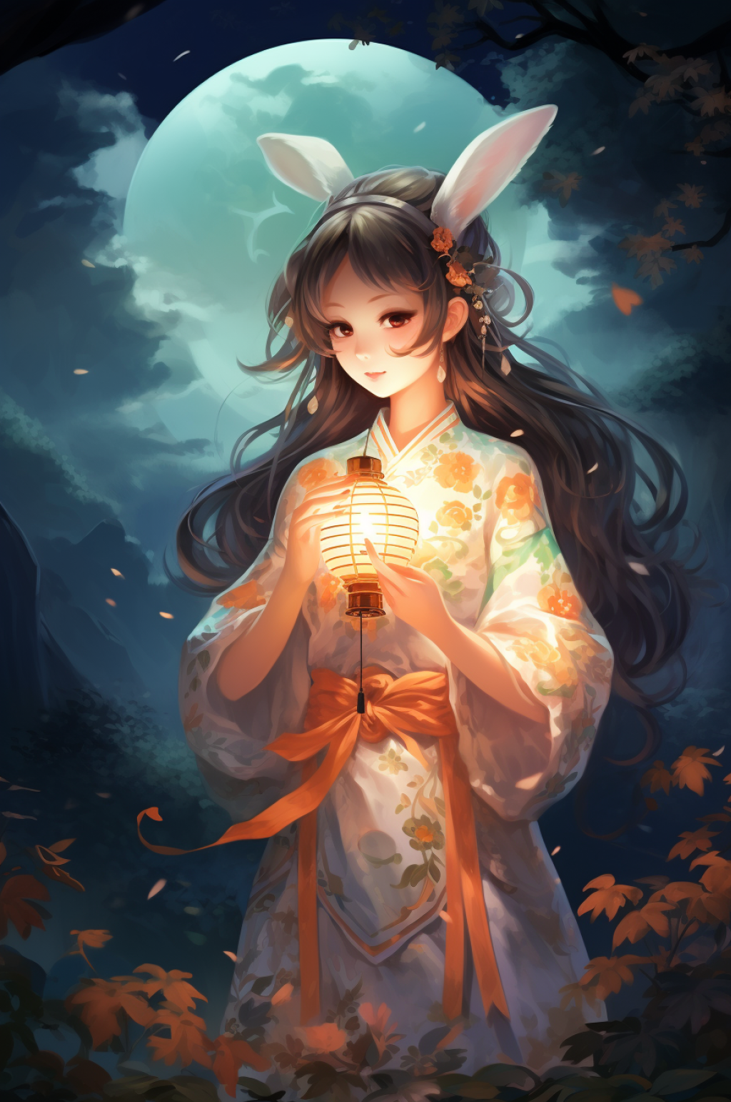 AI数字艺术中国风女孩玉兔中秋节插画素材