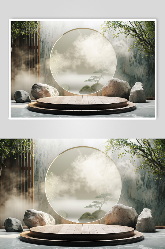 AI數(shù)字藝術(shù)中式禪意電商展臺背景圖