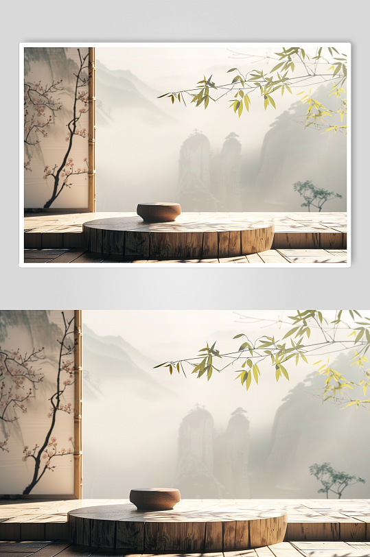AI數(shù)字藝術(shù)中式禪意電商展臺背景圖