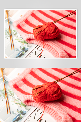 红色毛线团针织刺绣针线摄影图片