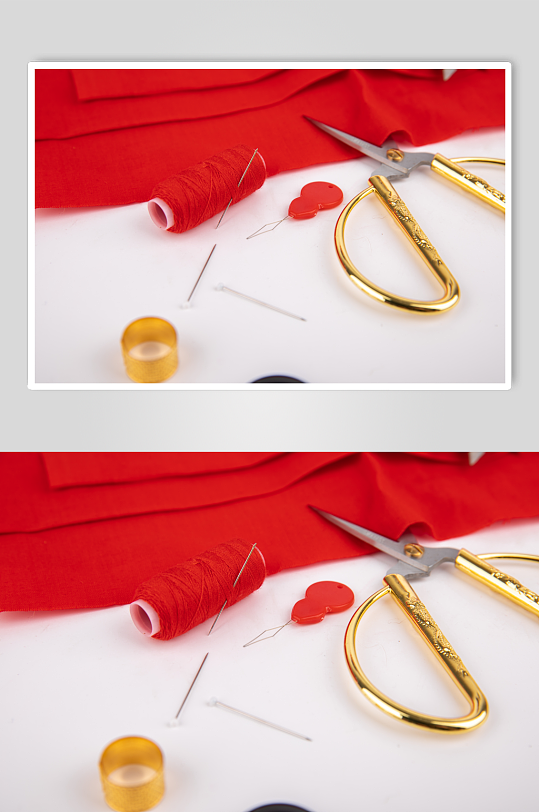 红色线缝衣线团针织刺绣针线摄影图片