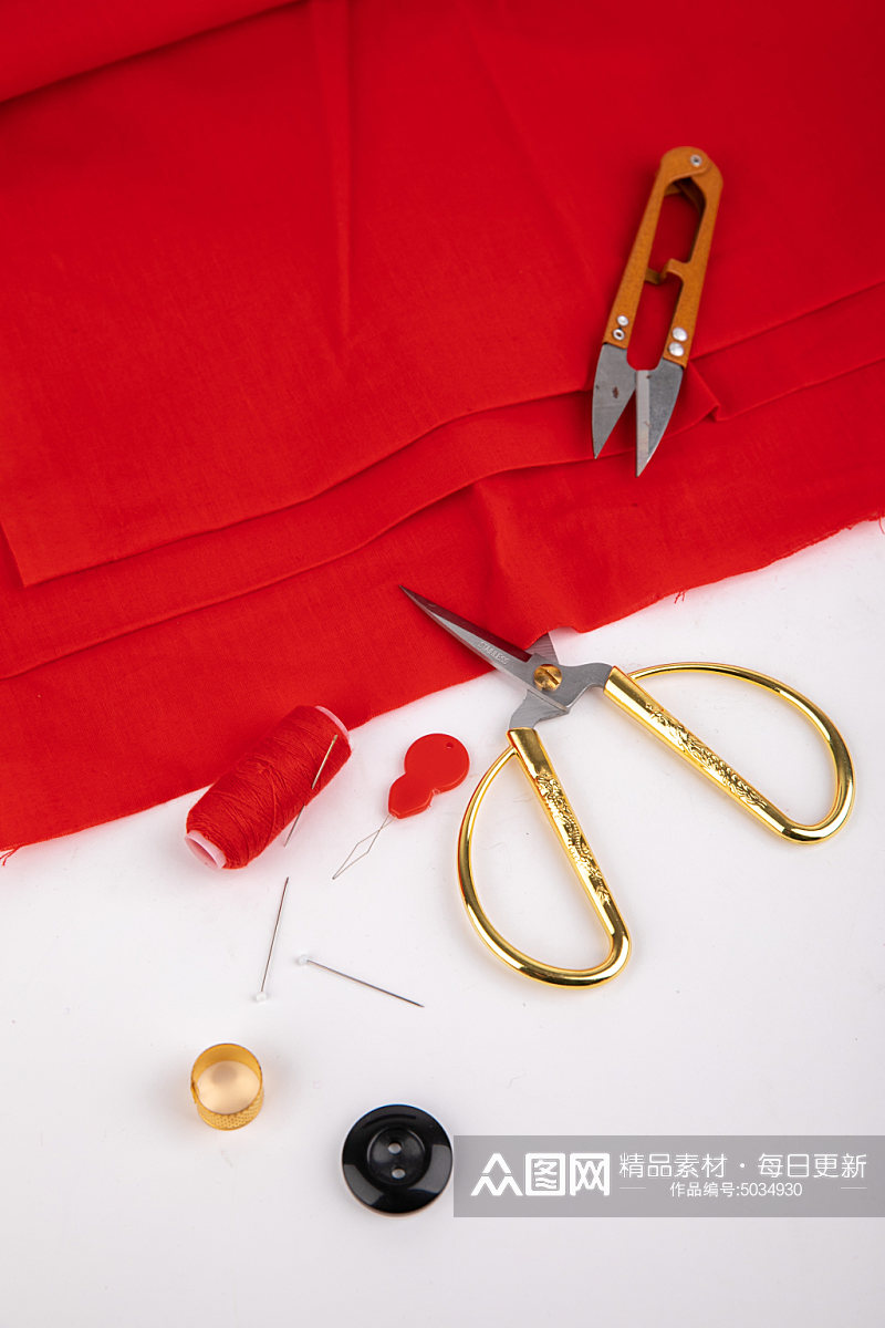 红色衣线团针织刺绣针线摄影图片素材