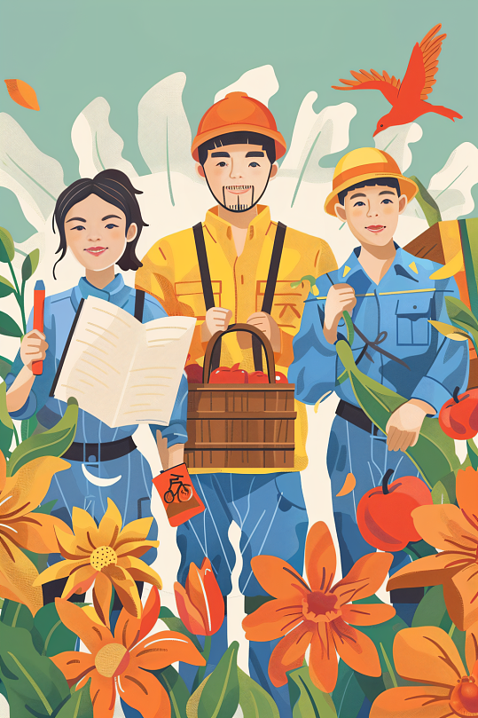 数字艺术五一劳动节各职业卡通人物插画-众图网