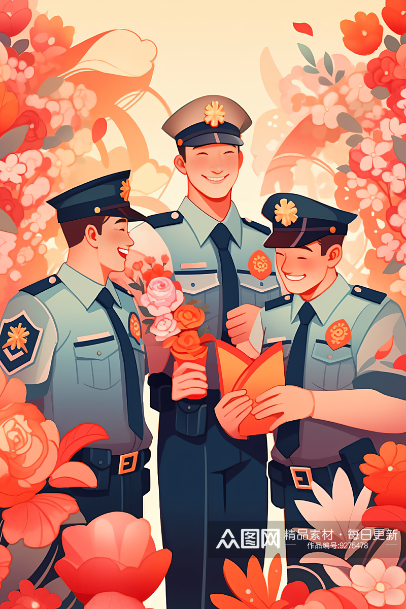 数字艺术五一劳动节各职业警察卡通人物插画素材