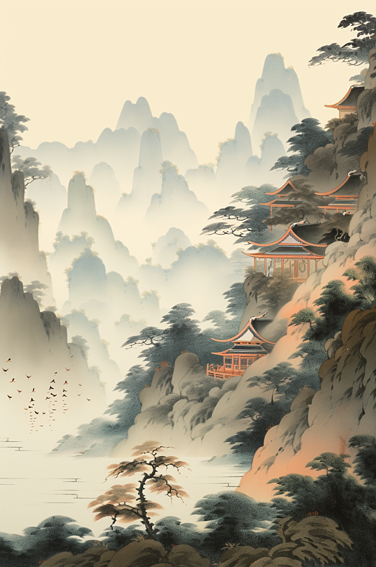 AI数字艺术做旧中国风水墨山水插画