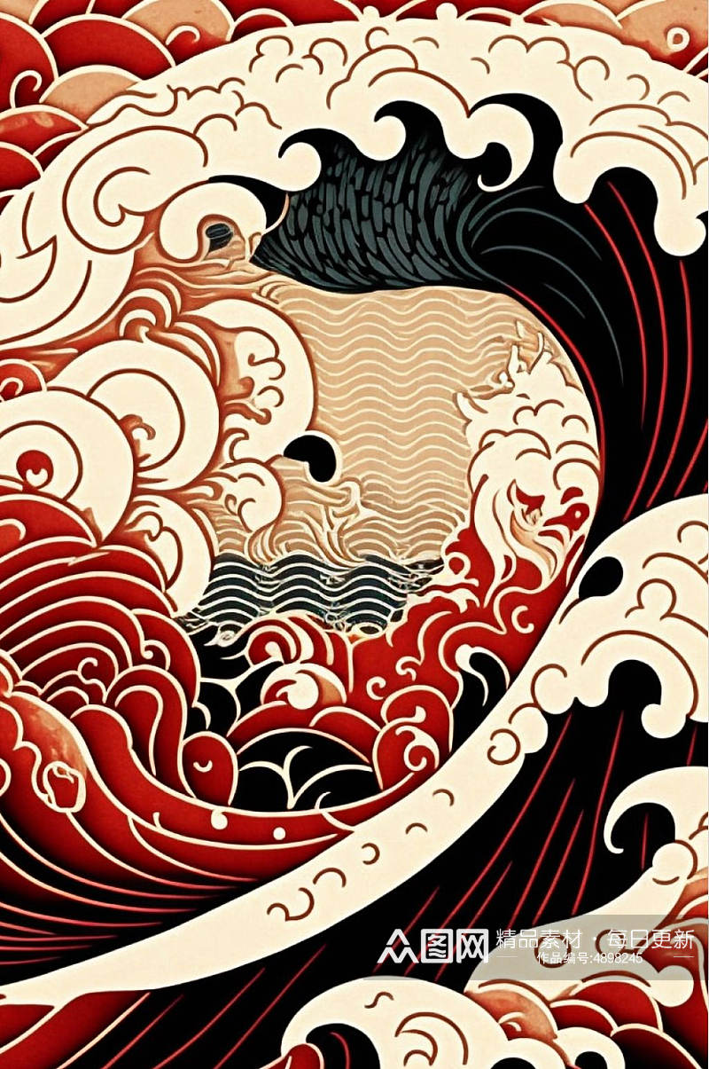 AI数字艺术传统中国风海浪波浪底纹背景图素材