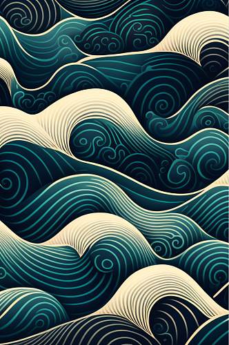 AI数字艺术传统中国风海浪波浪底纹背景图