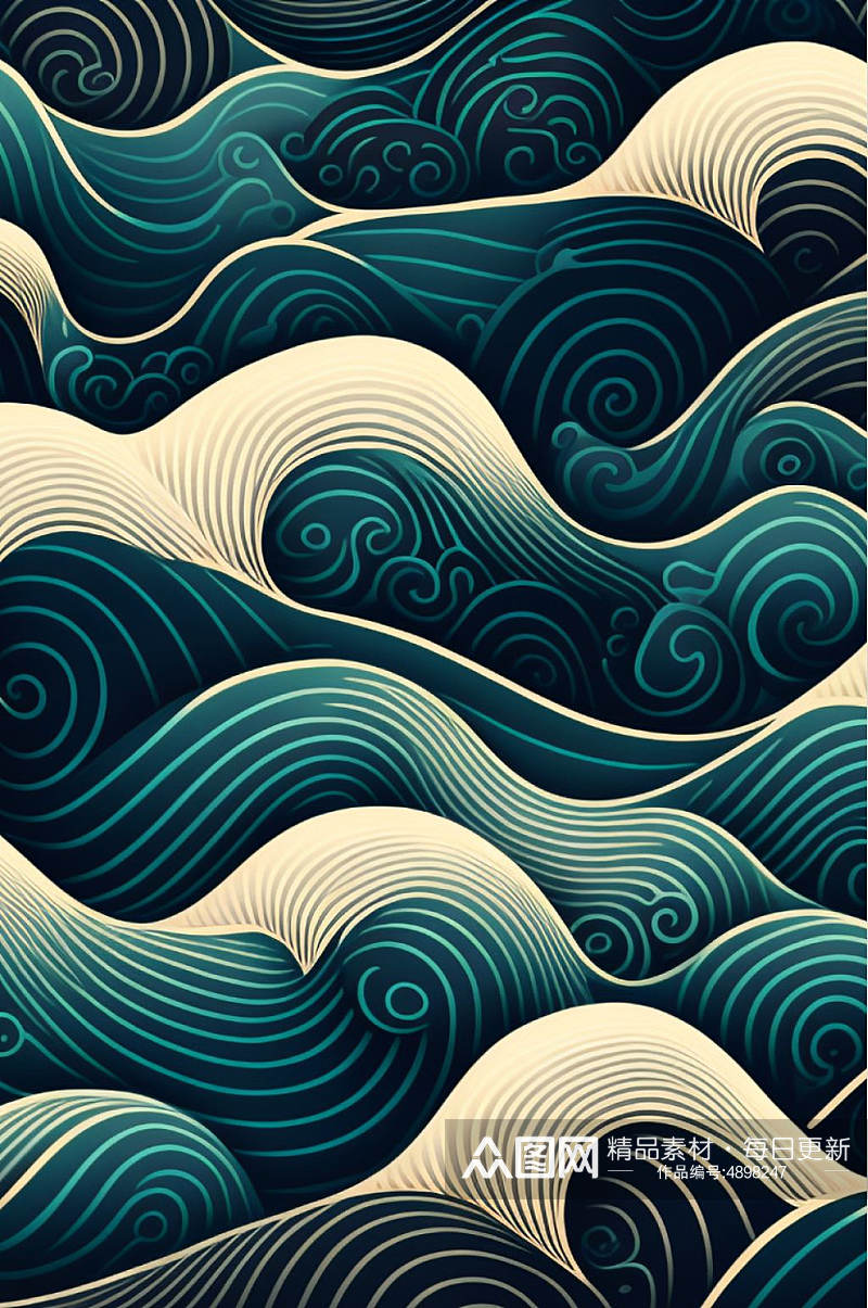 AI数字艺术传统中国风海浪波浪底纹背景图素材