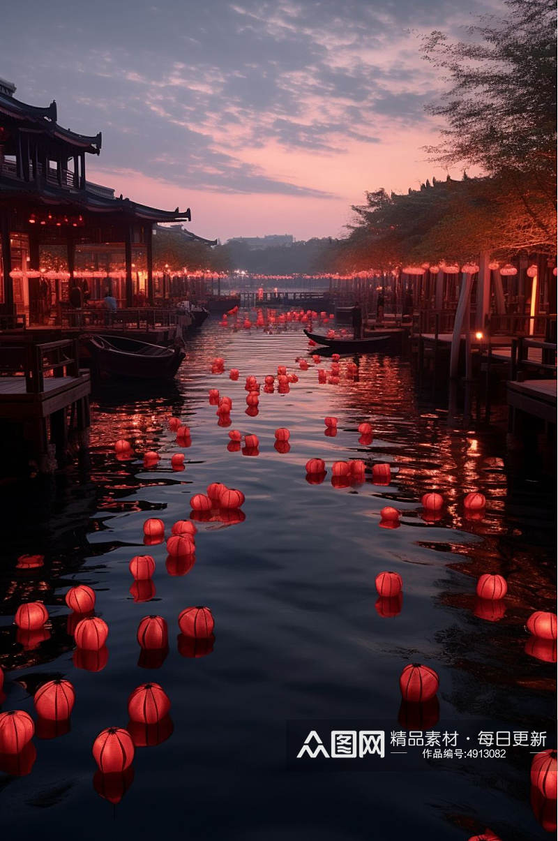 AI数字艺术手绘中国古镇文化风光摄影图片素材