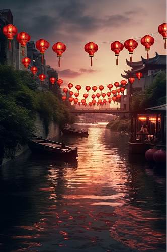 AI数字艺术手绘中国古镇文化风光摄影图片