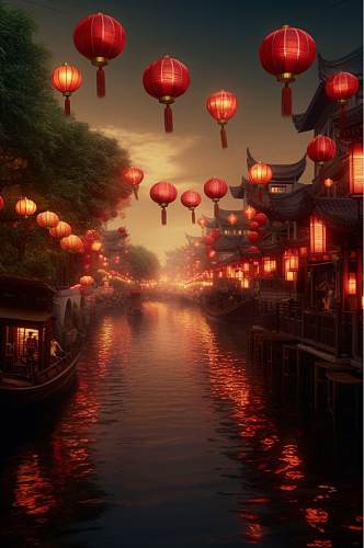 AI数字艺术手绘中国古镇文化风光摄影图片