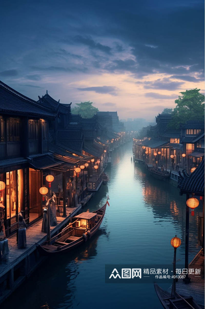 AI数字艺术手绘中国古镇文化风光摄影图片素材