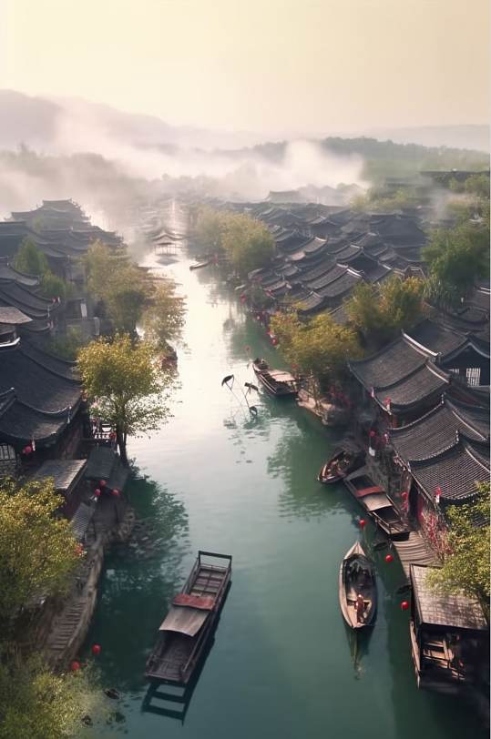 AI数字艺术手绘中国古镇文化风光背景图片