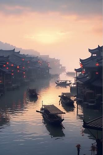 AI数字艺术手绘中国古镇文化风光背景图片