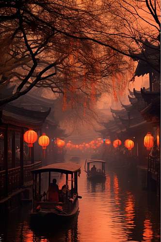 AI数字艺术创意中国古镇文化风光背景图片