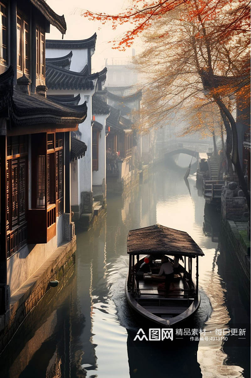 AI数字艺术创意中国古镇文化风光背景图片素材