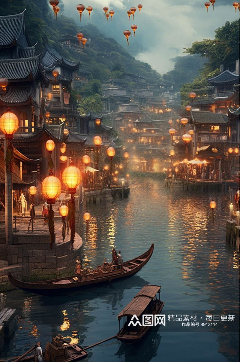 AI数字艺术创意中国古镇文化风光背景图片素材