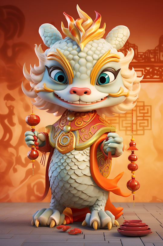 AI数字艺术卡通可爱中国龙传统形象模型-众图网