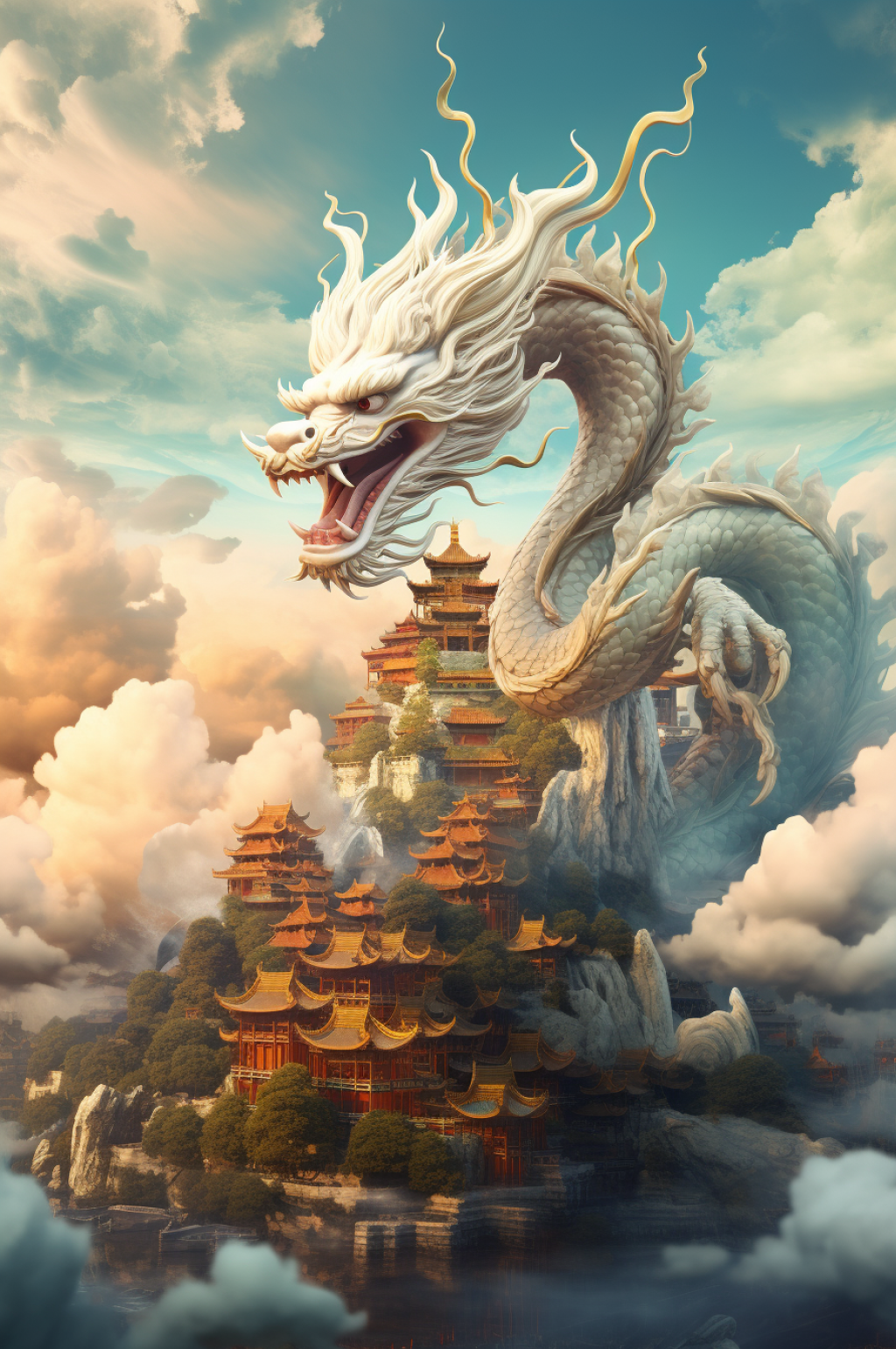 AI數(shù)字藝術(shù)中國龍國風(fēng)建筑創(chuàng)意插畫素材