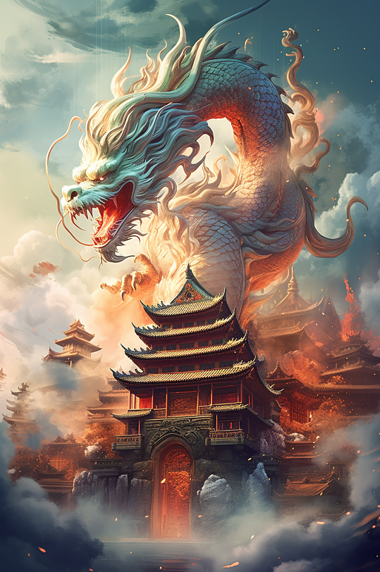 AI数字艺术中国龙国风龙抬头建筑创意插画-众图网