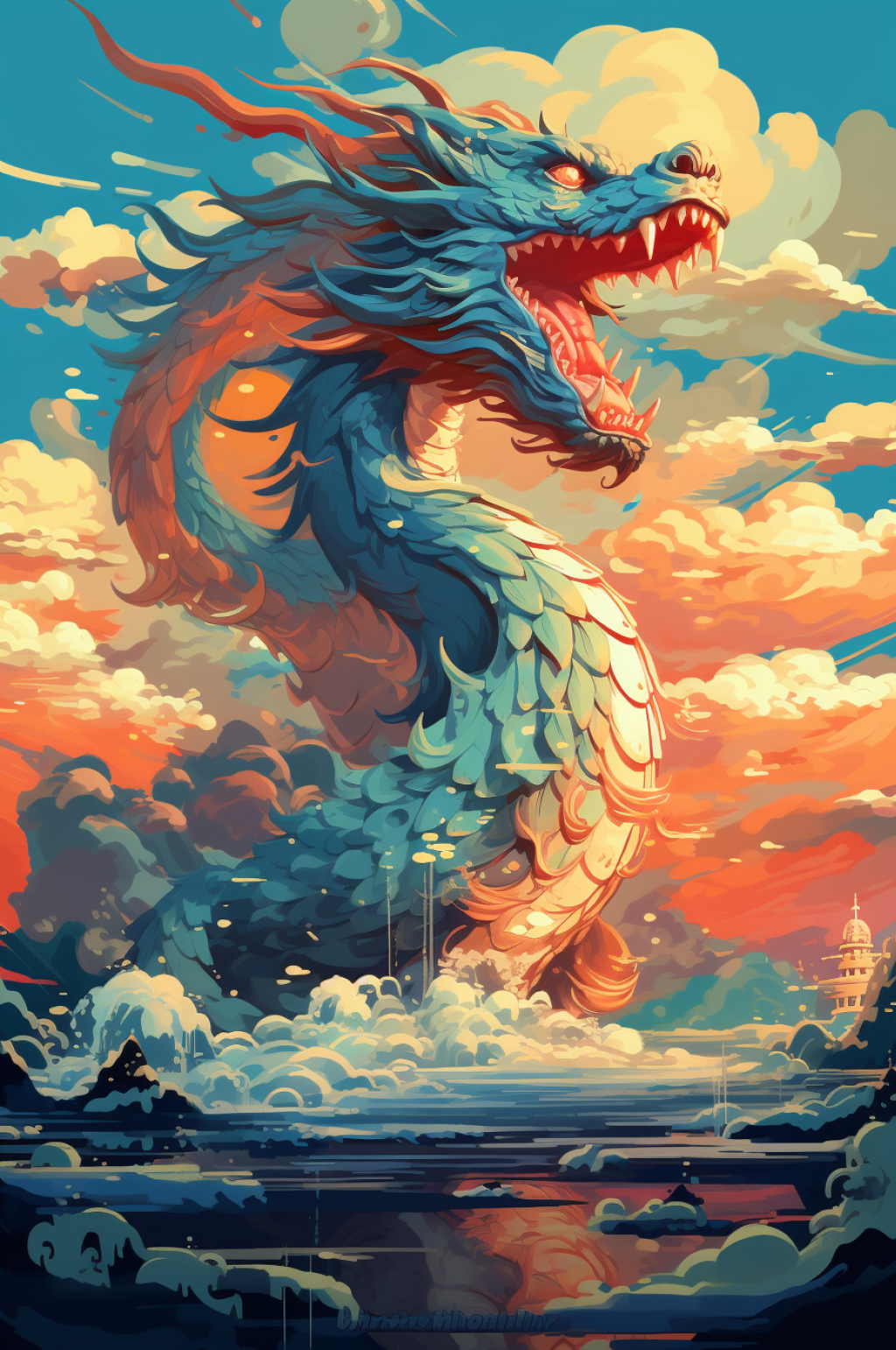 AI数字艺术国风扁平化新年中国龙插画素材