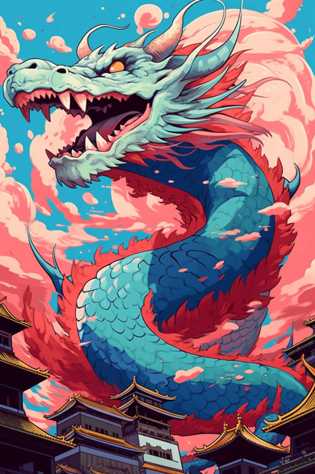 AI数字艺术国风扁平化新年中国龙插画素材