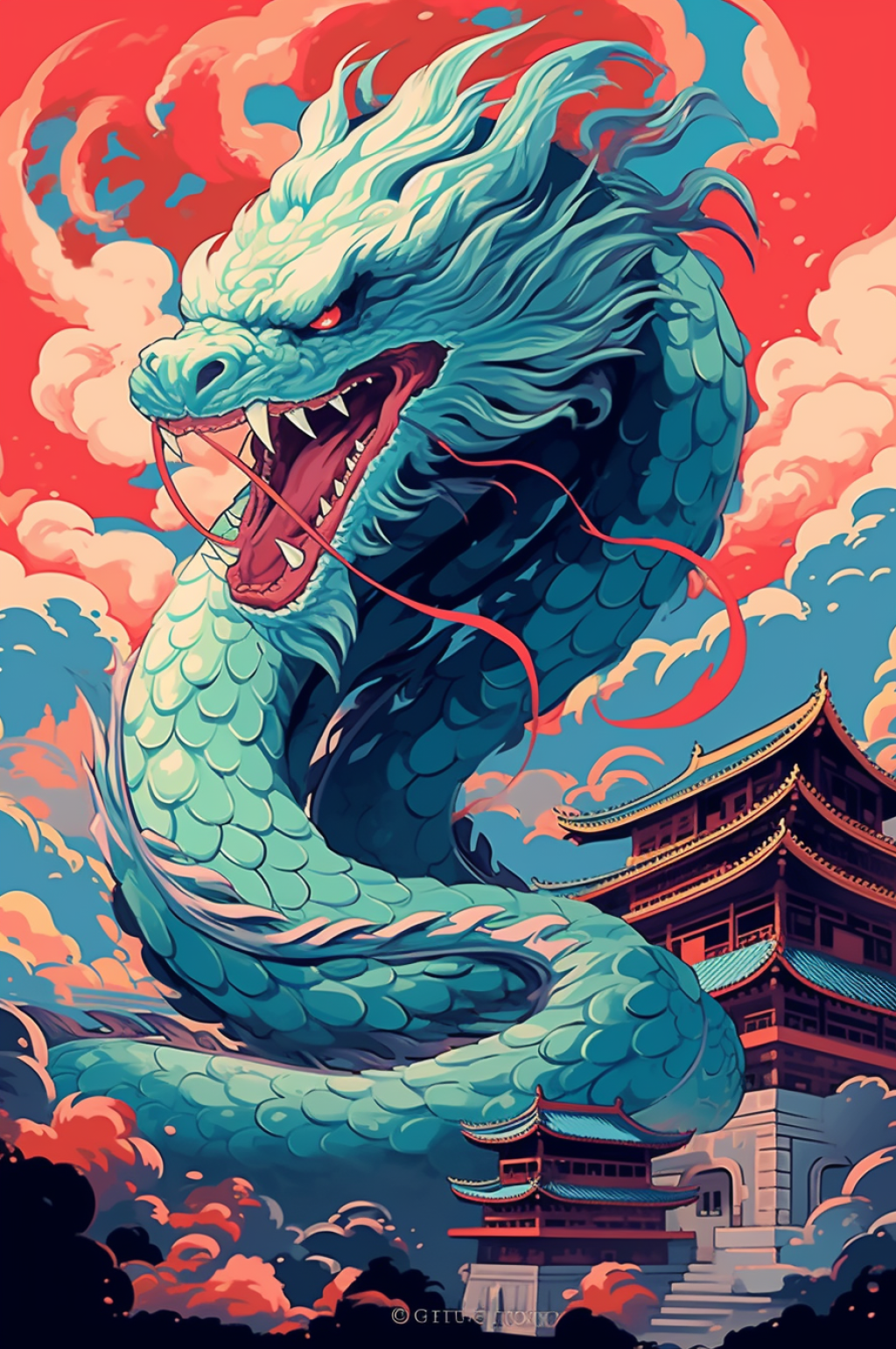 AI数字艺术国风扁平化新年中国龙插画素材