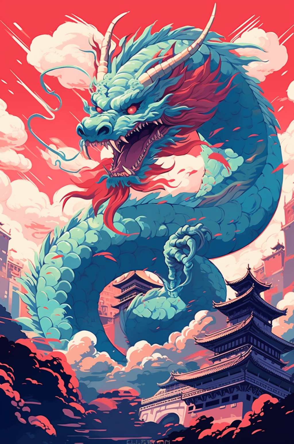 AI数字艺术国风扁平化新年中国龙插画素材