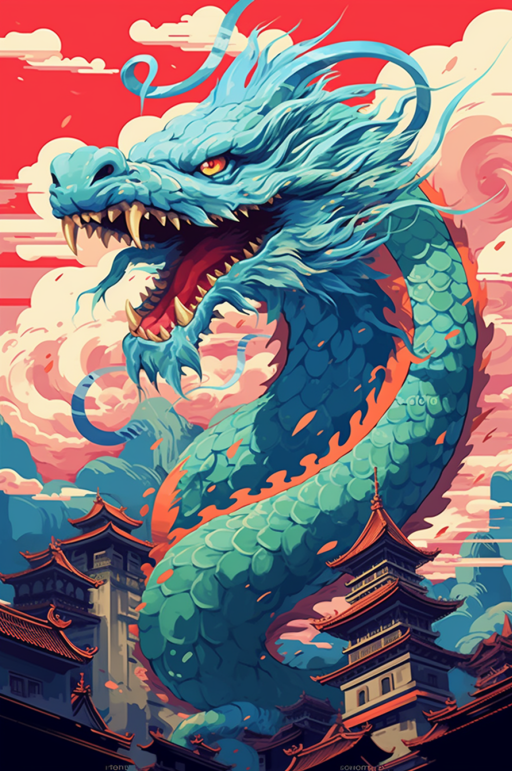 AI数字艺术国风龙抬头扁平化新年中国龙插画素材