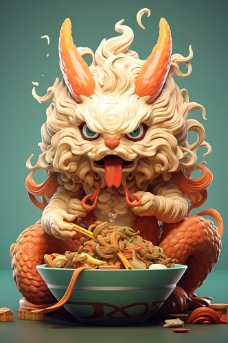 AI数字艺术龙年卡通中国龙吃美食摄影图