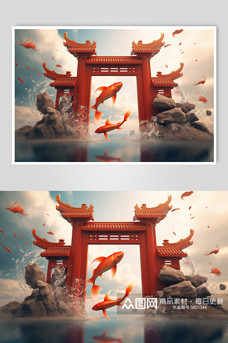 AI数字艺术中国风龙年金龙跃龙门场景图片素材