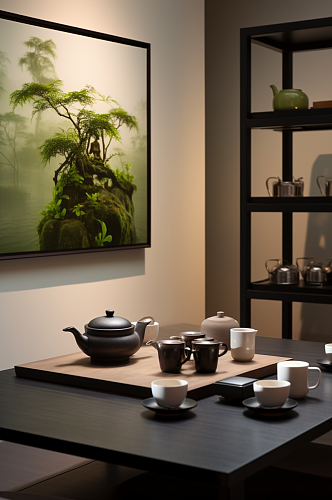 AI数字艺术中式茶艺室内设计效果摄影图