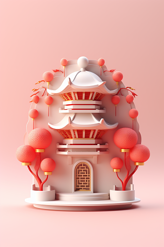 AI数字艺术春节年货节中式建筑场景图片