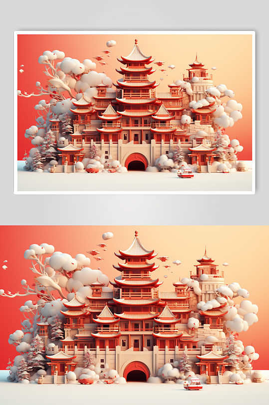 AI数字艺术春节年货节中式建筑场景图片