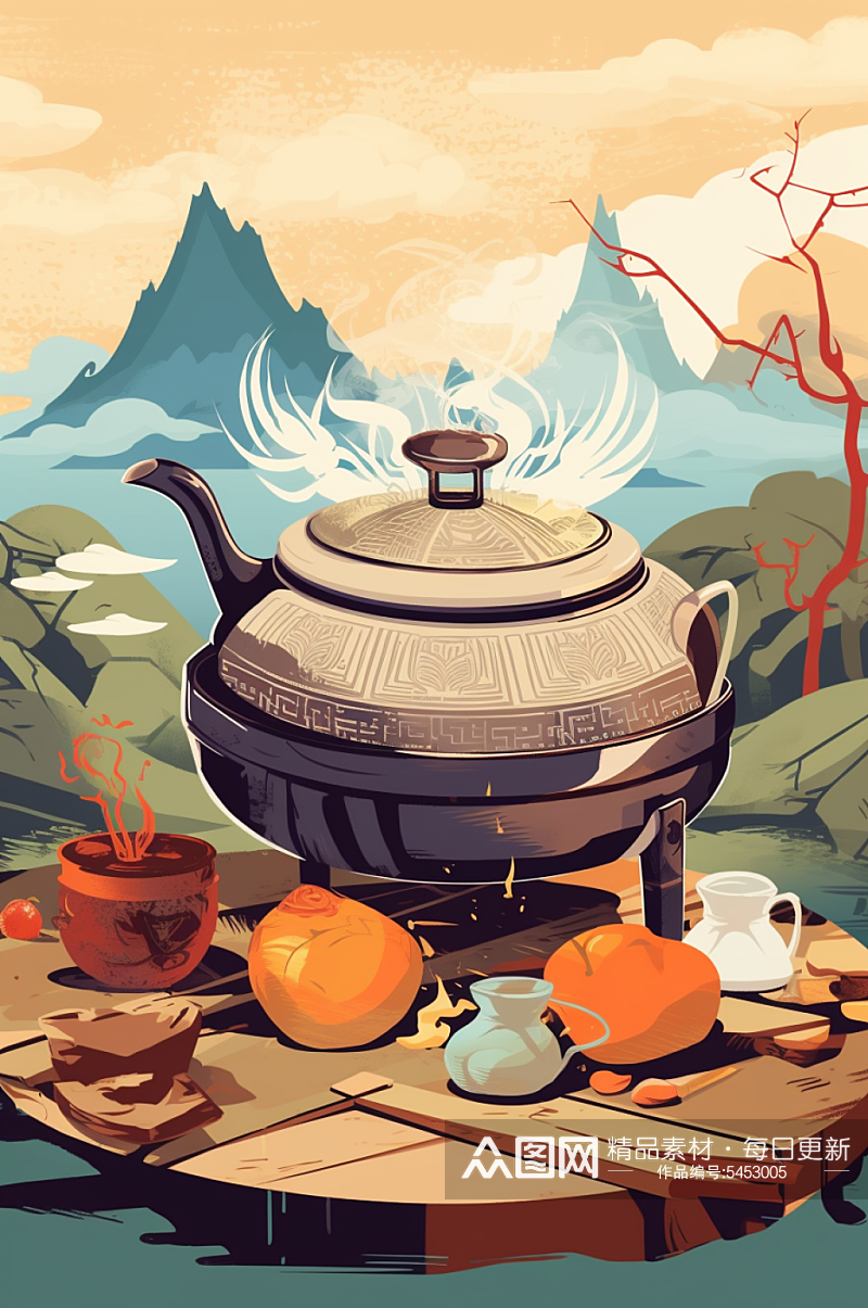 AI数字艺术中国风围炉煮茶插画素材