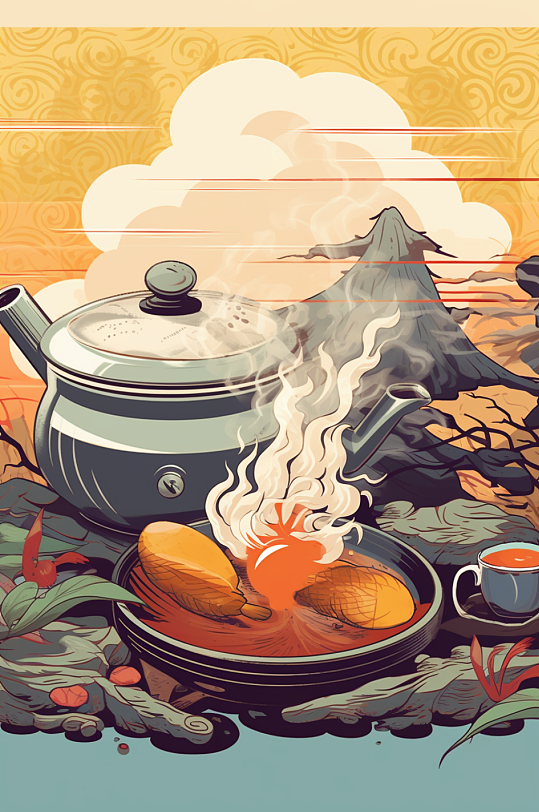 AI数字艺术中国风围炉煮茶插画