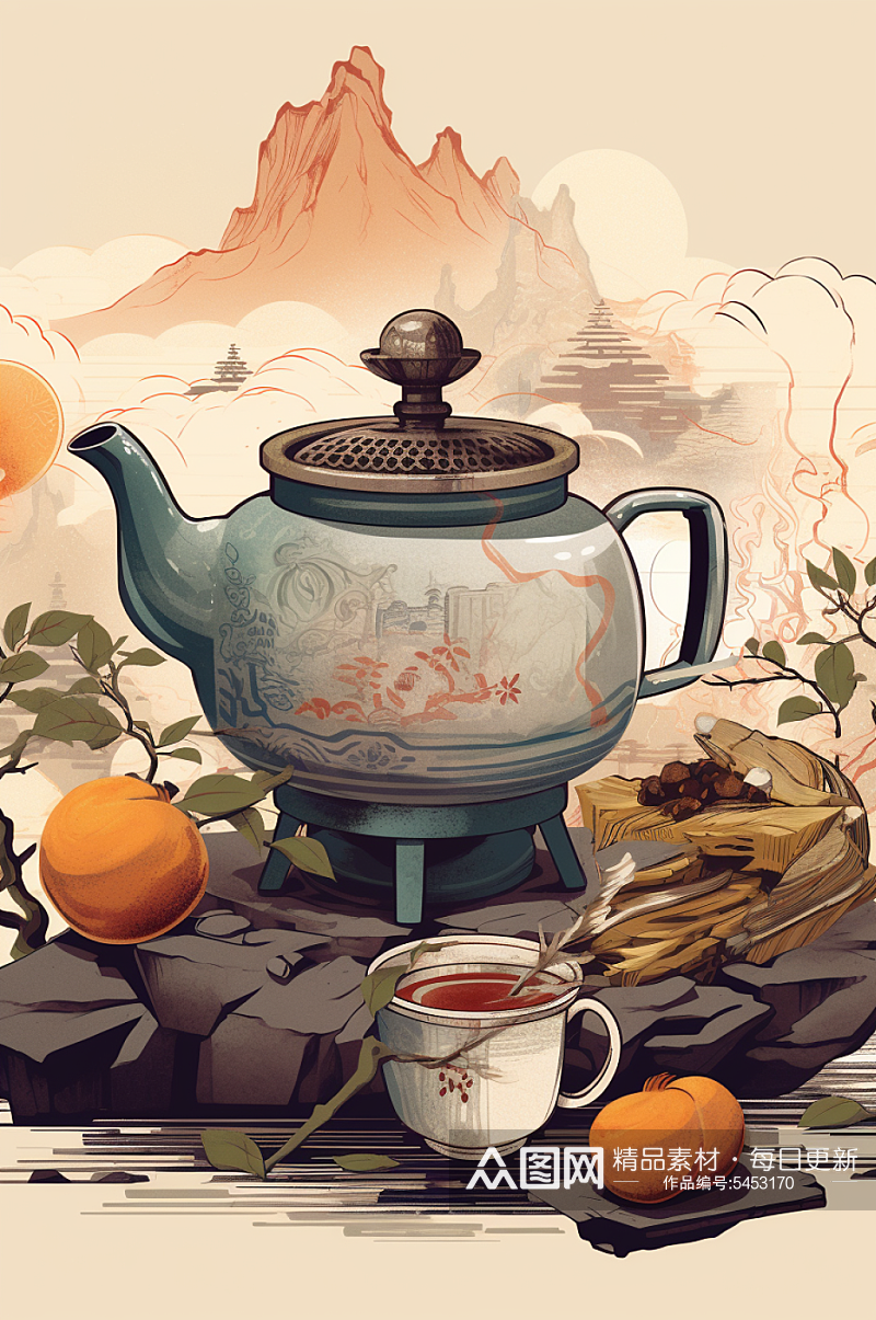 AI数字艺术中国风围炉煮茶插画素材