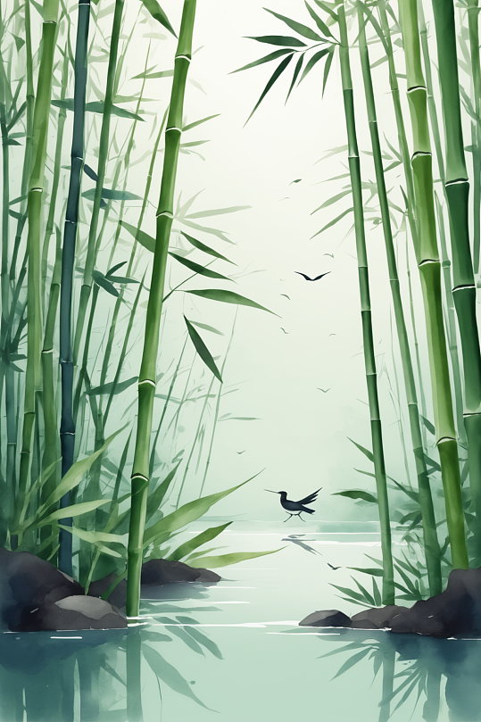 AI数字艺术中国风竹子竹林水墨意境插画